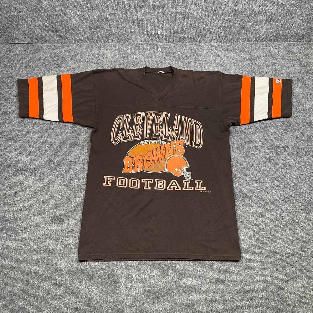 Vintage 1991 Cleveland Browns Logo 7 Football T-Shirt Mens Brown V-Neck 90s L